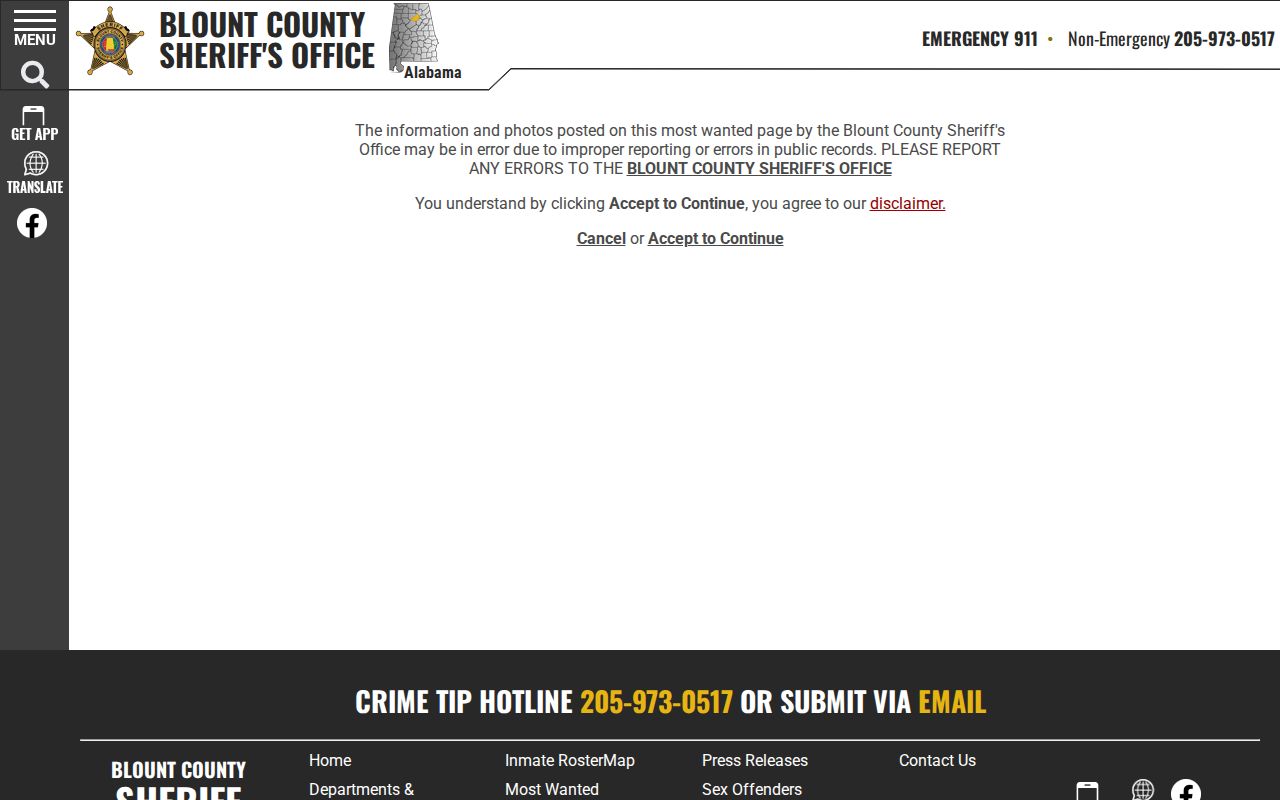 Blount County Most Wanted official Sheriff accuracy disclaimer