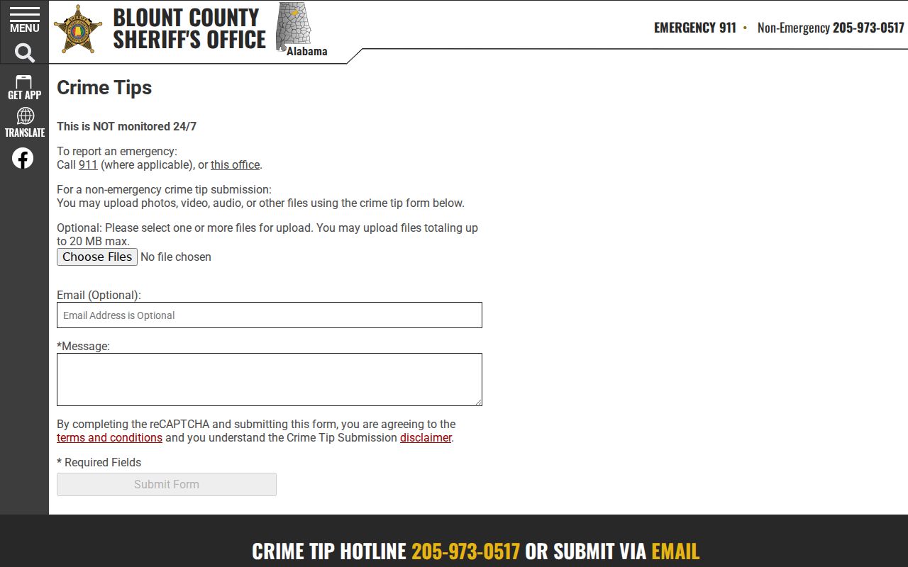 Blount County Most Wanted crime-tip form and safety warning