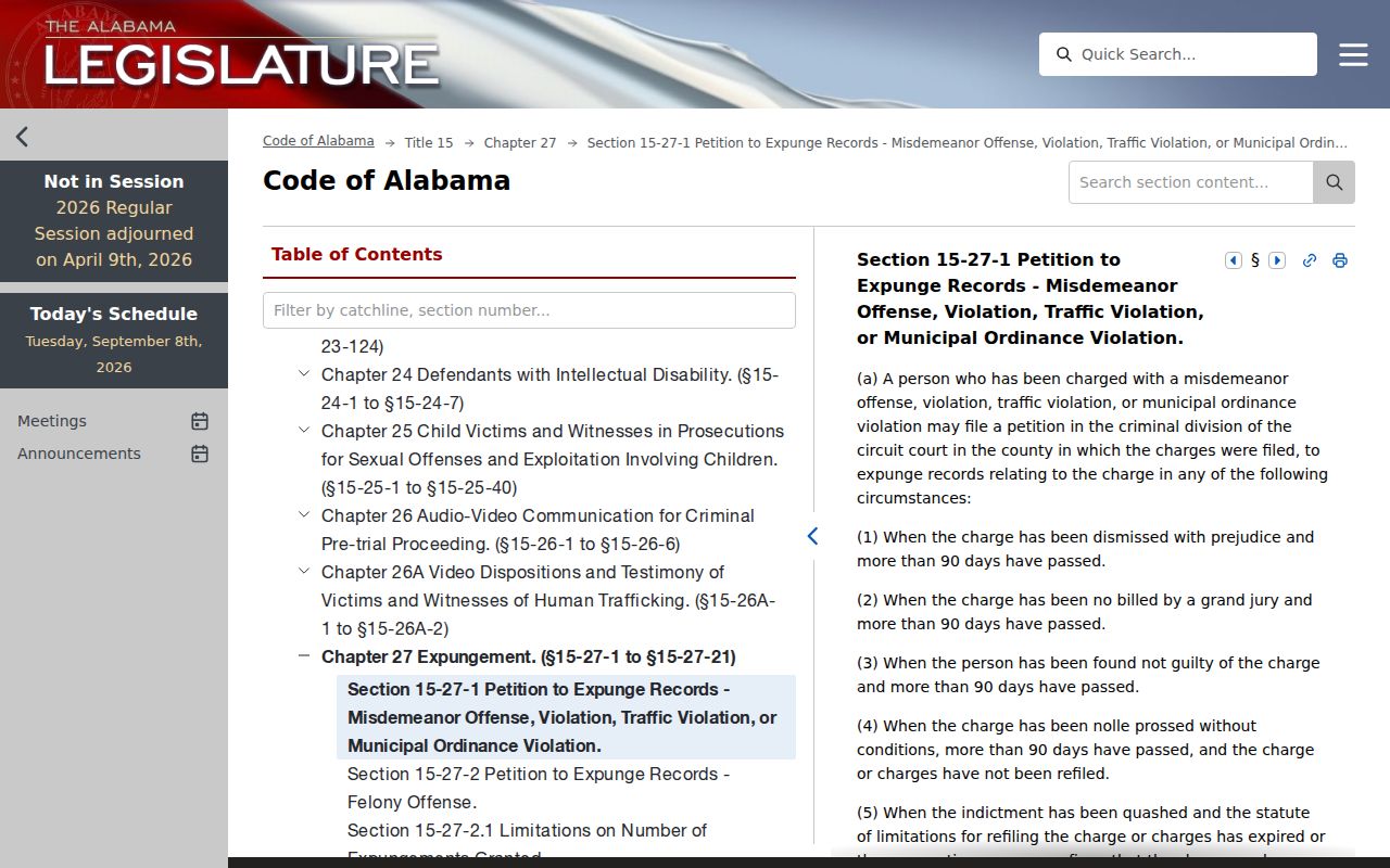 Alabama expungement law relevant to Blount County bench warrant records
