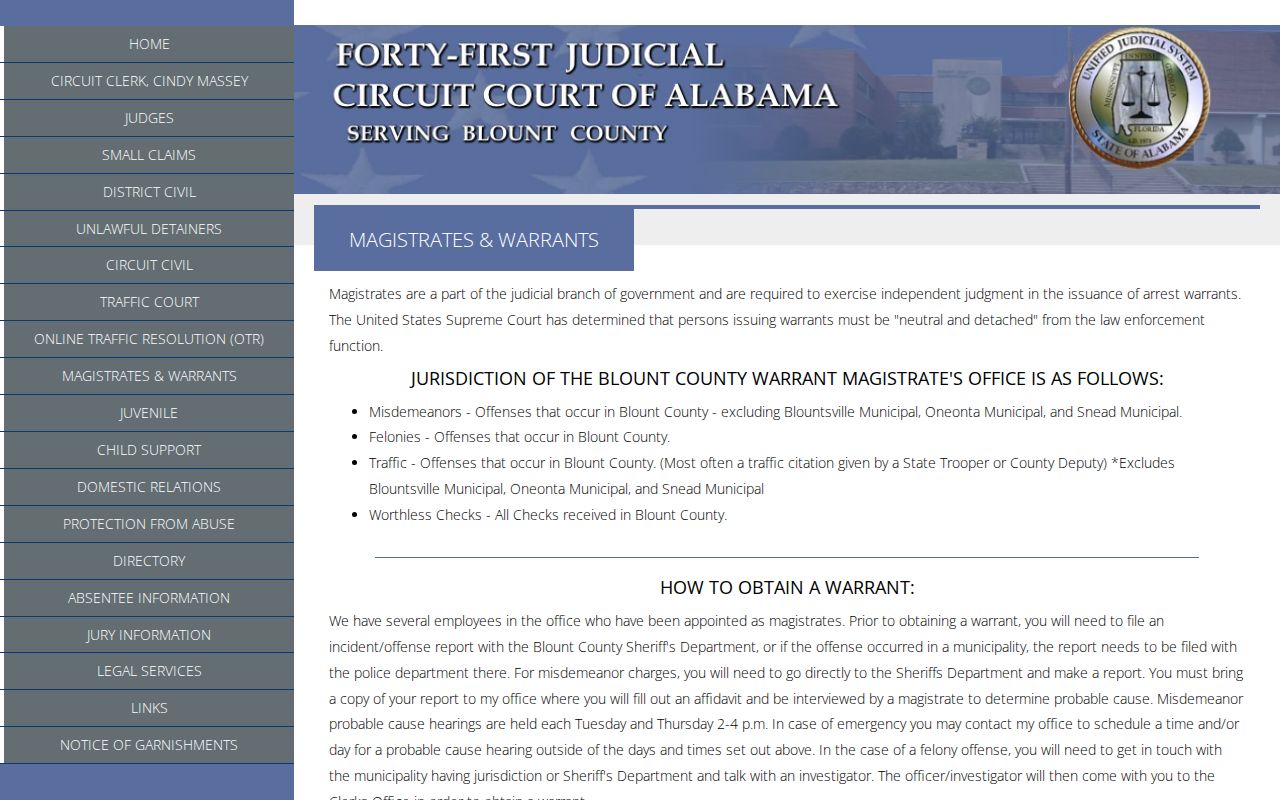 Blount County warrant search instructions from the Warrant Magistrate Office