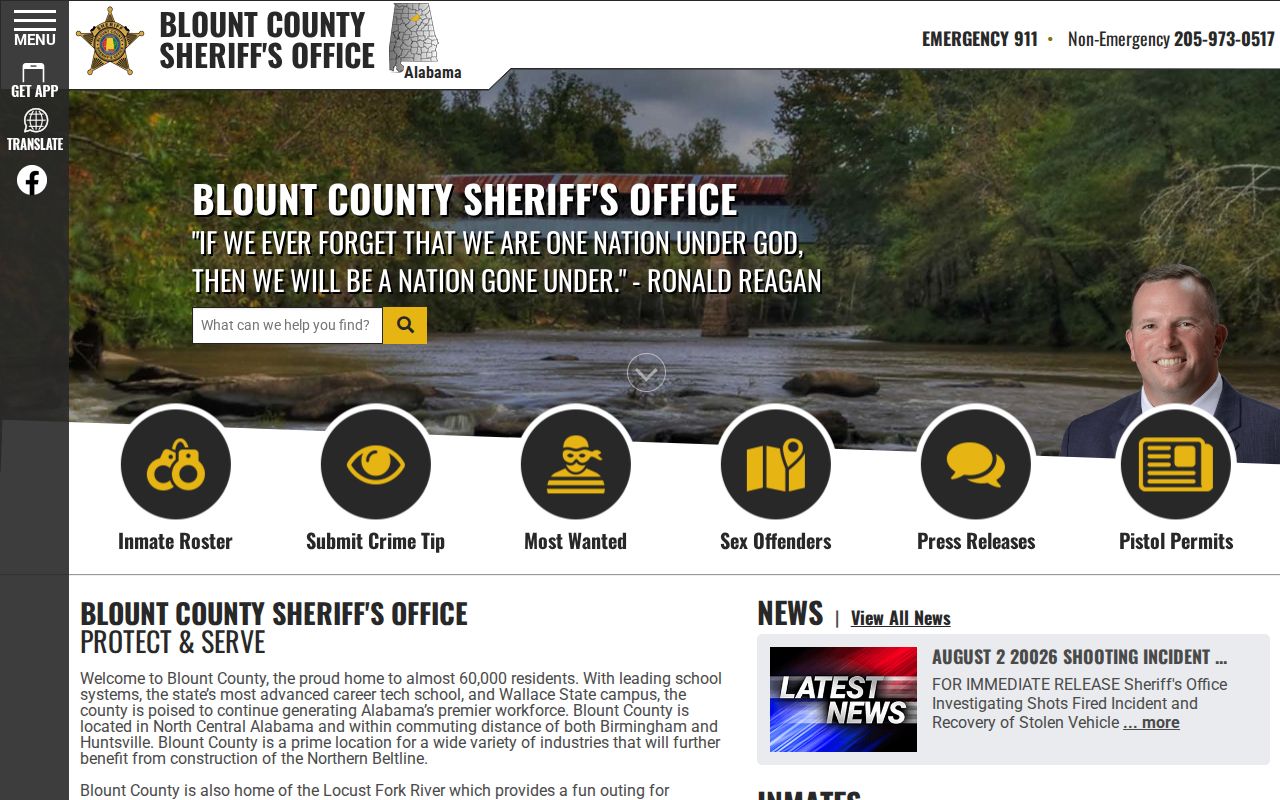 Blount County Sheriff homepage for active warrant contact and Most Wanted navigation